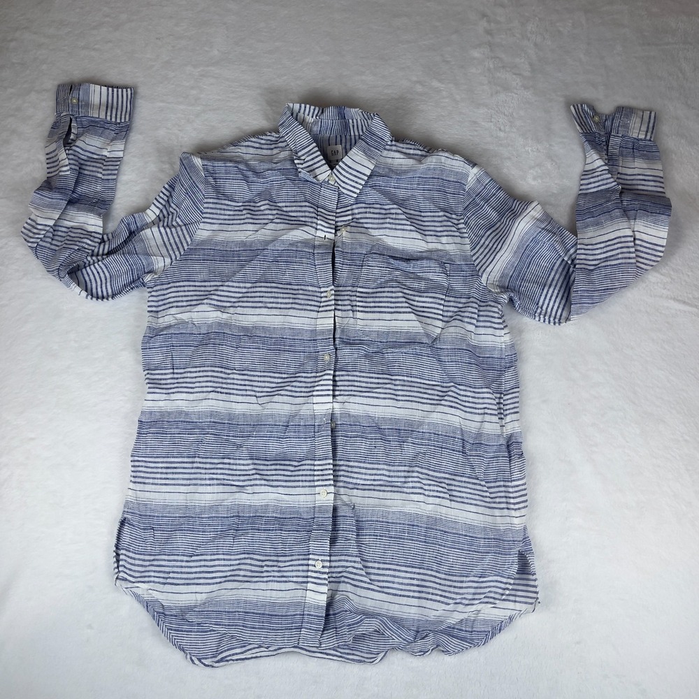 Gap Boyfriend Shirt Mens Medium White Blue Striped Long Sleeve Pocket Button Up